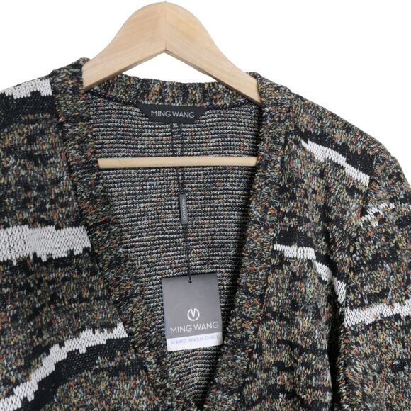 NWT MING WANG XL Black Multicolor Abstract Knit Snap Button Artsy Cardigan - Picture 3 of 10